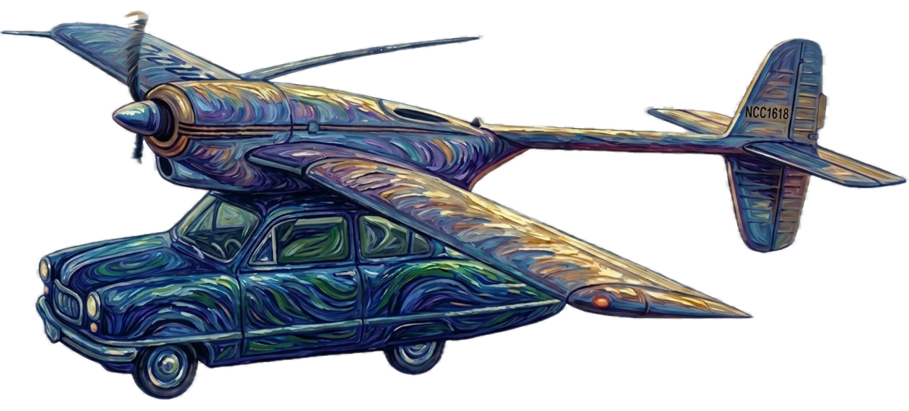 &ldquo;ZOLA&rdquo; — a vintage station wagon with wings, propeller and tail, painted in swirling Van Gogh strokes